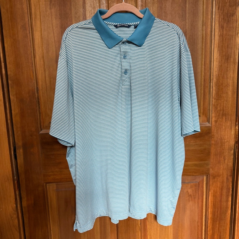 Cutter & Buck Mens XXXL Blue White Striped Short Sleeve Golf Polo Shirt Stretch